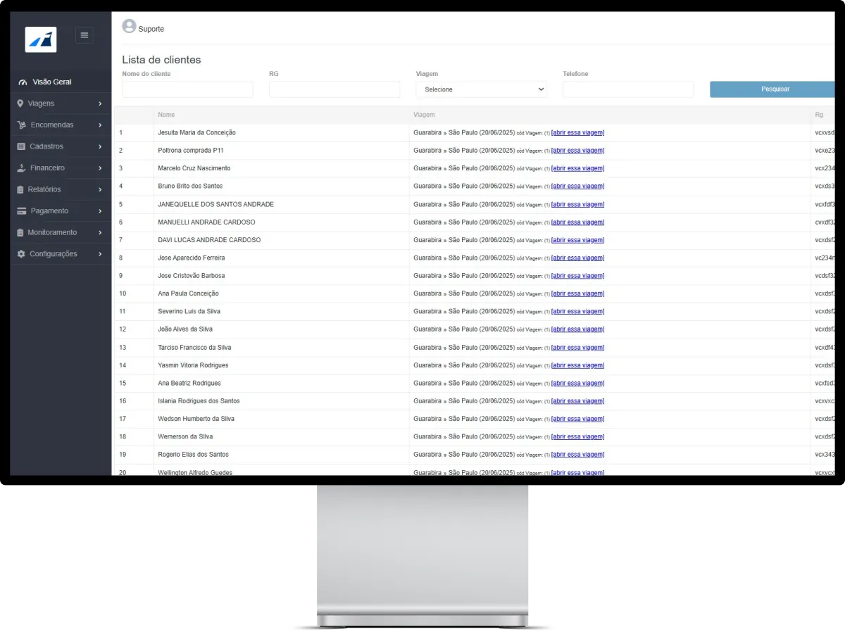 Dashboard do Tinebus com lista de clientes e viagens